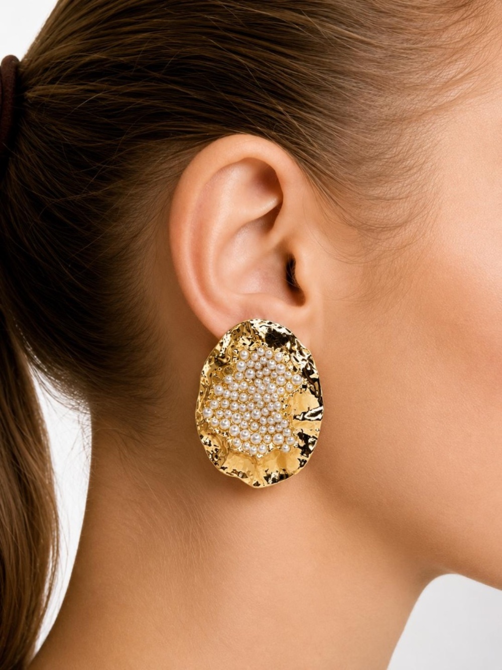 Statement Gold Tone Pearl Disc Stud Earrings Oversized Hammered Bold Round Gifts